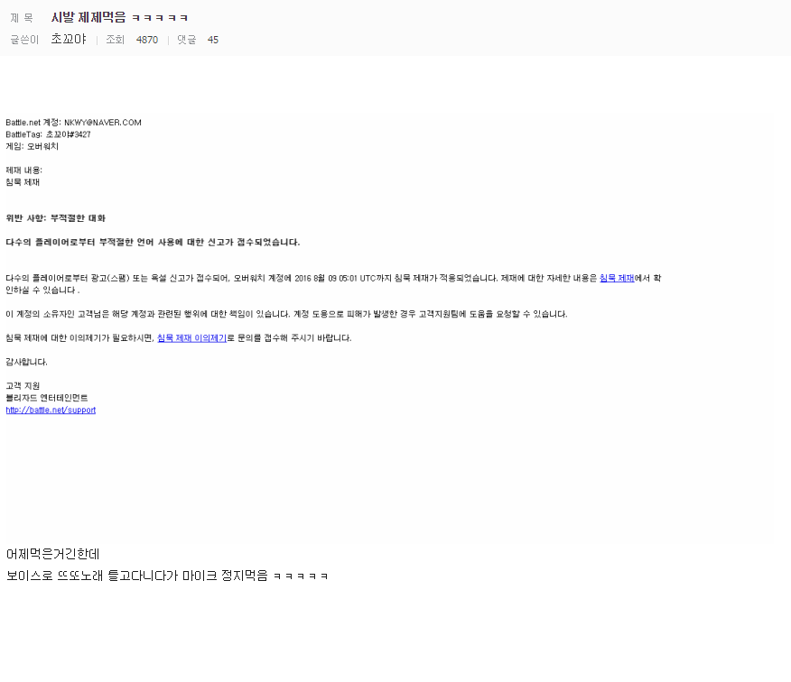 [오버워치] 흔한 제재사유 | 인스티즈