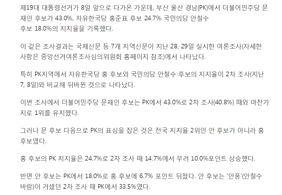 PK지지율, 문재인43.0%·홍준표 24.7%·안철수18.0% | 인스티즈