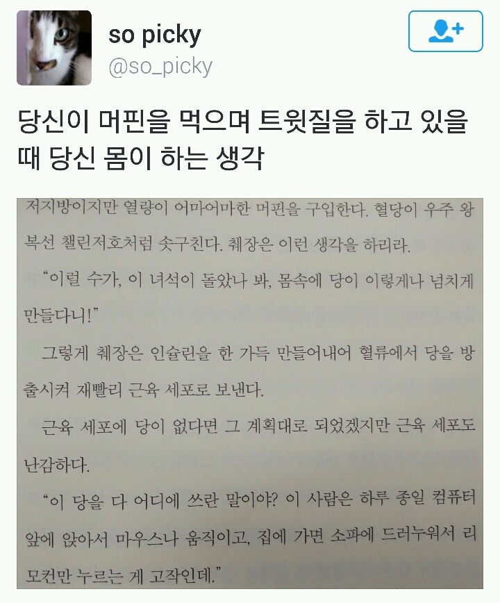 당신이 머핀을 먹으며 인터넷을 하고 있을 때 당신 몸이 하는 생각.twt | 인스티즈